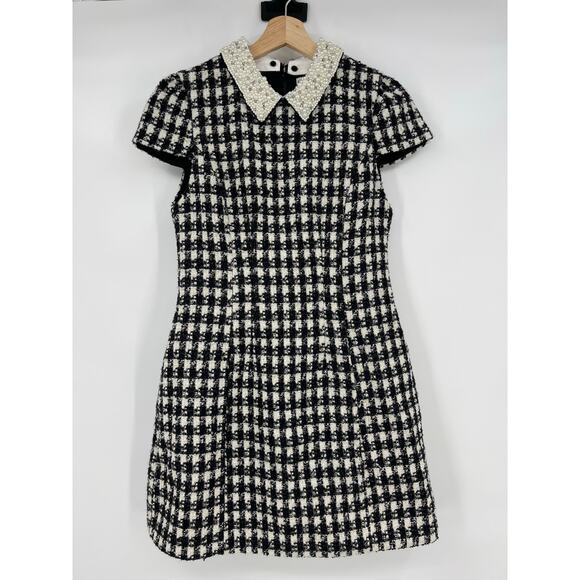 Alice + Olivia | Velia Tweed Mini Dress Black & Off White Crystal Pearl Collar 4 - Picture 5 of 16